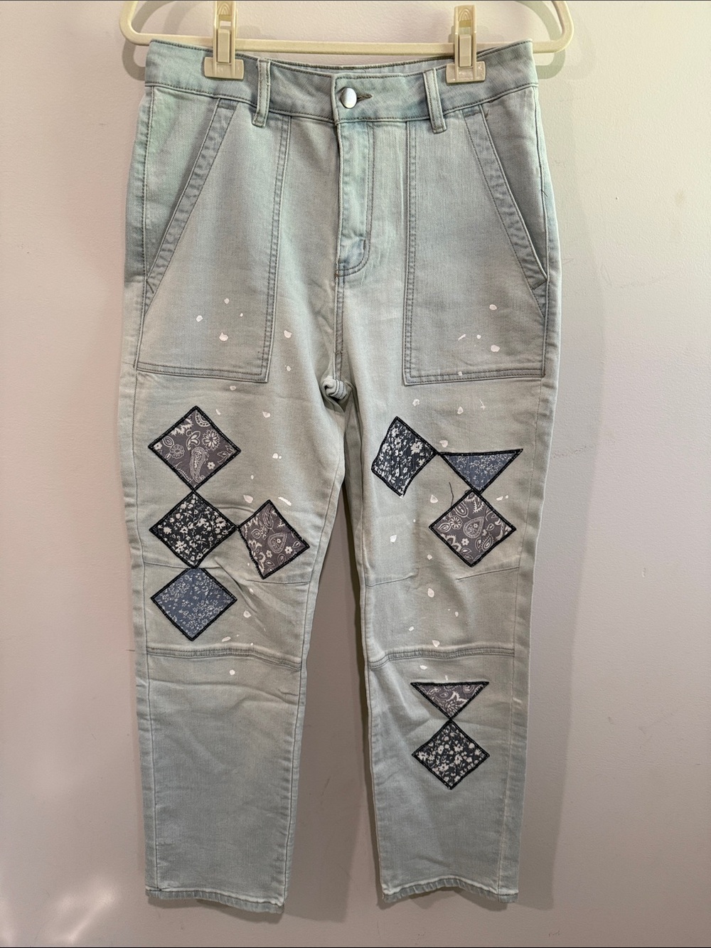 Easel Light washed Patchwork Straight-Leg Jeans with Bandana Accents